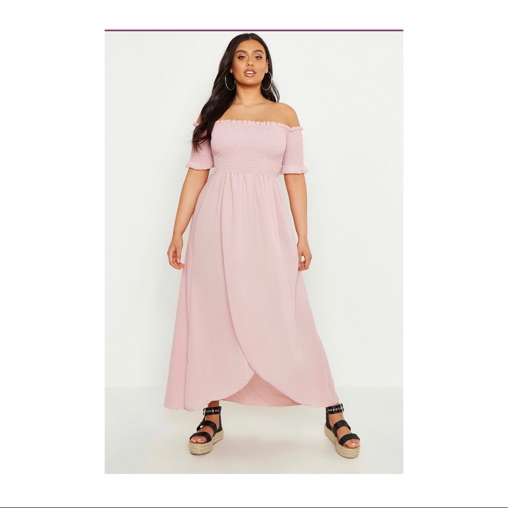 Blush off the shoulder maxi dress